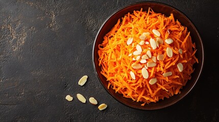 Shredded Grated Carrot with Sliced Almonds in a bowl on a dark background, top view