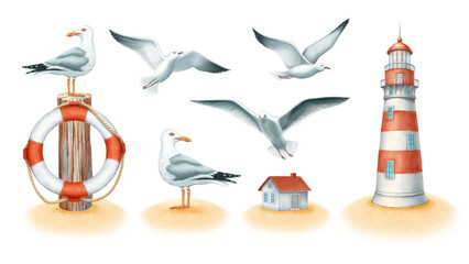 Set of attribute of beach holiday. Seagulls, wooden post, lifebuoy, lighthouse, house on transparent background