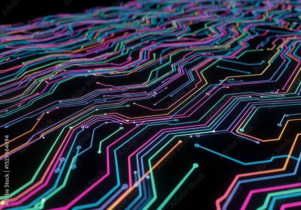 Poster abstract circuit board design - colorful abstract of circuit board lines and nodes on a black backgr