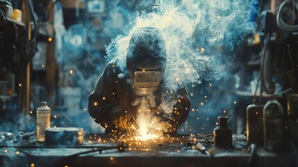 A dramatic image of a welder immersed in the artistic process of welding, surrounded by smoke and sparks that embody creativity, craftsmanship, and industrial strength in the workshop.