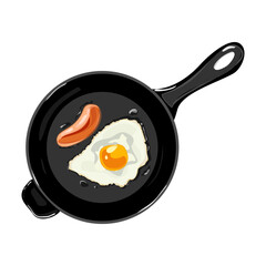 Fried egg with sausage ia a fryer pan. Healthy breakfast concept