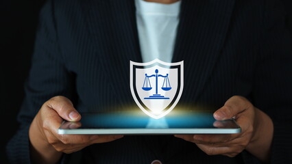 law and technology integration showing shield, justice balance, digital security, and privacy rights defense online.