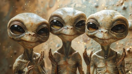 Three smiling extraterrestrial beings, embodying curiosity and friendliness, enhance an imaginative sci-fi world, inviting viewers to explore the possibilities beyond Earth.