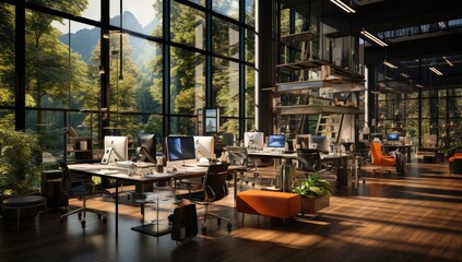 Fototapeta premium A contemporary office space filled with natural light, greenery, and modern furniture, promoting productivity and wellness in a harmonious and inspiring environment.