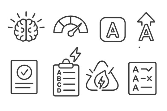 Quiz Icons Set. Line style icons of quizzes and tests: knowledge boost, quiz difficulty meter, answer button icon, grade up arrow,