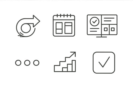 Productivity Line Icons. Line style icons of productivity: momentum icon, optimized planner, life rhythm tracker, project clarity