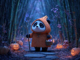 Adorable panda in orange hooded cloak walking through a bamboo forest lit by jack-o’-lanterns, holding a candy basket on a magical Halloween night