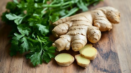 Food preparation on a wooden kitchen work surface with parsley and root ginger high key lighting