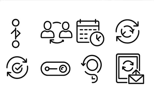 Data Sync Icons. Line style icons of data synchronization: stable connection icon, team data sync, schedule conflict icon, sync