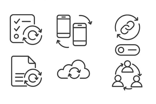 Data Sync Icons. Line style icons of data synchronization: version sync tracker, connected app sync, shared link update, user sync