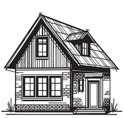 Sketch cottage building. Modern two-storey wooden house