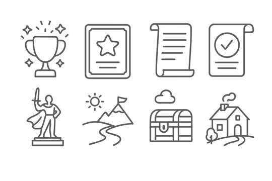 Fototapeta Quest Game Icons. Line style icons of quest games: celebration icon, reward screen, end scroll, mission complete, hero statue,