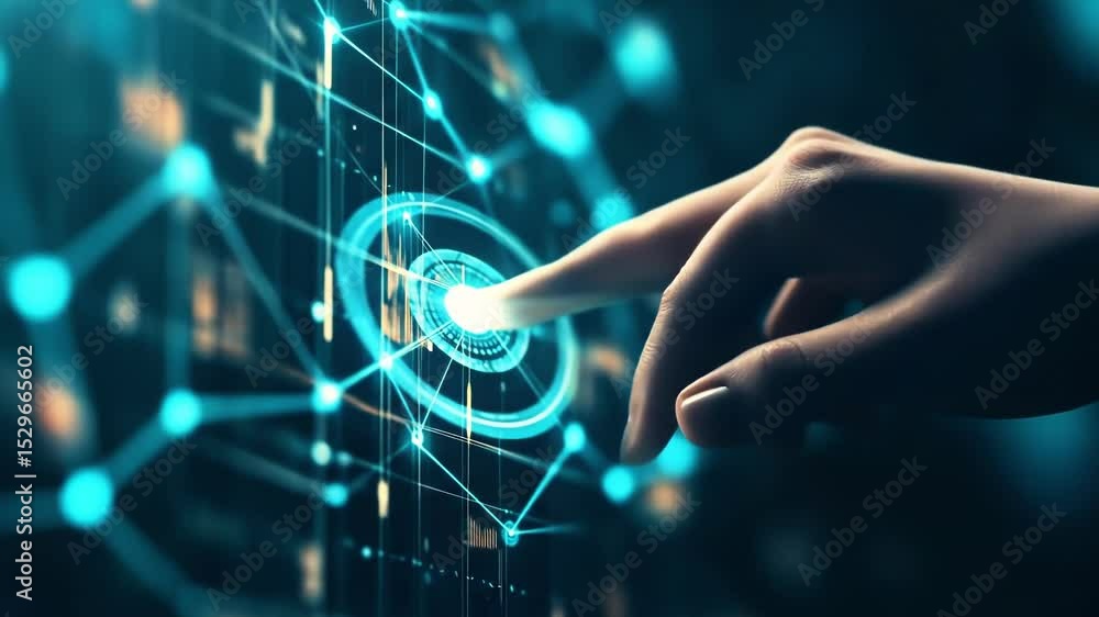 Poster a person's hands are positioned over a gadget that produces a luminous, three-dimensional holographi