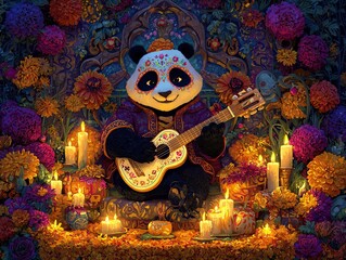 Fototapeta premium Panda with face paint playing a floral guitar amid glowing candles and marigold flowers in a richly decorated Día de los Muertos celebration scene