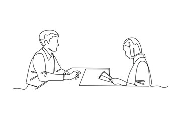 Simple continuous line draw of guest discussion with customers. Hand drawn style vector design illustrations. Call center minimalist concept.