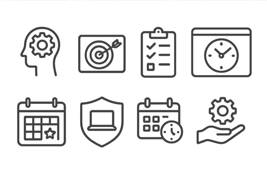Remote Work Icons. Line style icons of remote work: self-management, goal card, daily check, time window, weekly plan, autonomy