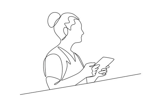 Simple continuous line draw of receptionist check data of guest. Hand drawn style vector design illustrations. Call center minimalist concept. - Powered by Adobe