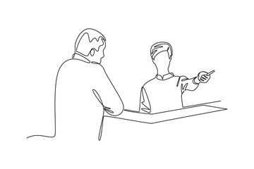 Simple continuous line draw of the receptionist gives directions to customers. Hand drawn style vector design illustrations. Call center minimalist concept.