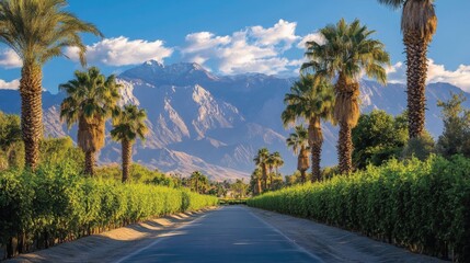 Fototapeta premium Palm Tree Lined Road with Mountain View