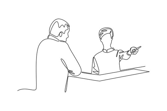 Simple continuous line draw of the receptionist gives directions to customers. Hand drawn style vector design illustrations. Call center minimalist concept.