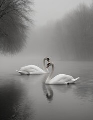 Two elegant white swans gracefully swimming in a serene foggy lake, creating a romantic atmosphere with their necks forming a heart shape, surrounded by tranquil nature