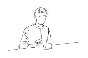 Simple continuous line draw of receptionist calculate the bill. Hand drawn style vector design illustrations. Call center minimalist concept.