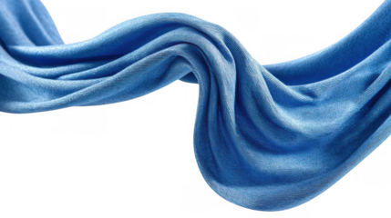 Smooth, blue lightweight jersey material bends and flows gracefully, creating an elegant, abstract form against a transparent background, perfect for showcasing textile designs or fashion concepts