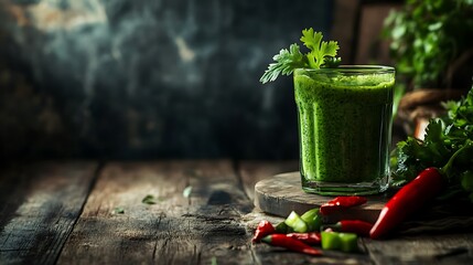 Fresh home made green paste with parsley and chili on a wooden kitchen table