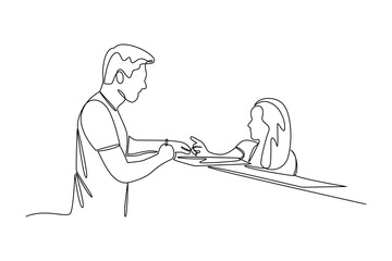 Simple continuous line draw of receptionist serves inn guest. Hand drawn style vector design illustrations. Call center minimalist concept.
