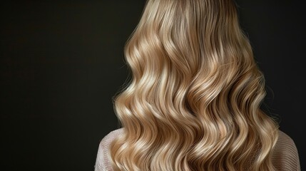 Fototapeta premium A stunning view of wavy long blonde hair cascading gracefully against a dark backdrop, emphasizing elegance, beauty, and the enchanting allure of hair as an art form.
