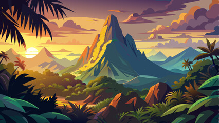 Dramatic landscape of a rocky mountain peak rising above a lush rainforest at sunset, with warm golden light casting soft shadows over the dense green foliage
