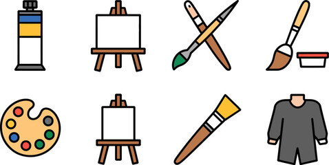 Art supplies vector illustration set for painting and drawing canvas brushes palette and paint tube editable stock vector illustration
