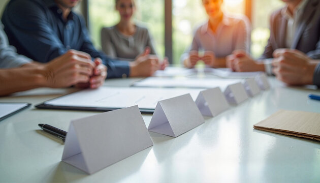 Empty Meeting Nameplates in Professional Conference Setting