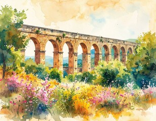 Obraz premium Serene Watercolor Painting of Ancient Roman Aqueduct Amidst Blooming Wildflowers
