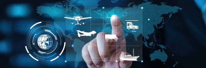 Global logistics interface with various transportation options displayed.