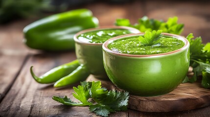 Fresh home made green paste with parsley and chili on a wooden kitchen table