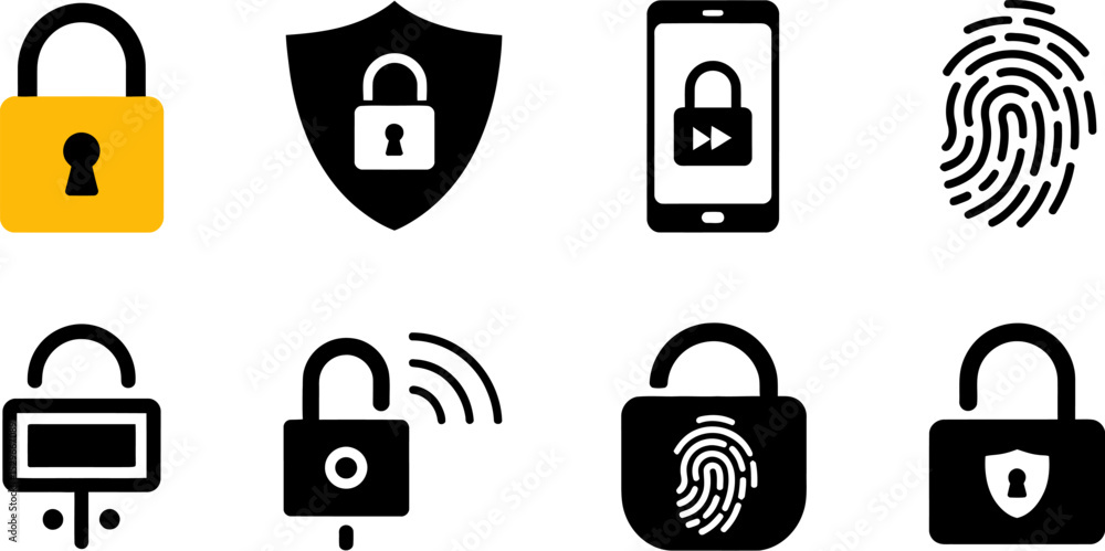 Poster security icons set vector illustration of lock shield phone fingerprint and padlock for data protect