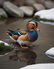 Colorful mandarin duck standing gracefully in a serene pond, surrounded by snow and smooth stones, showcasing vibrant plumage and tranquil winter scenery