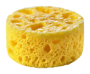 Cleaning action using a natural yellow sponge in a kitchen environment under bright light