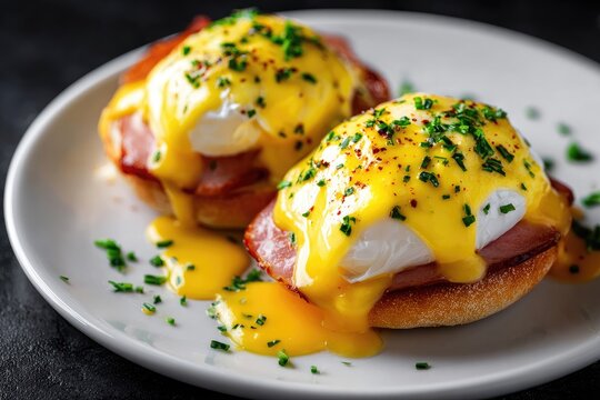 Two eggs benedict sandwiches on a plate.