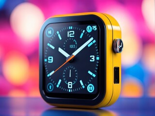 modern digital smart watch on color background, close up
