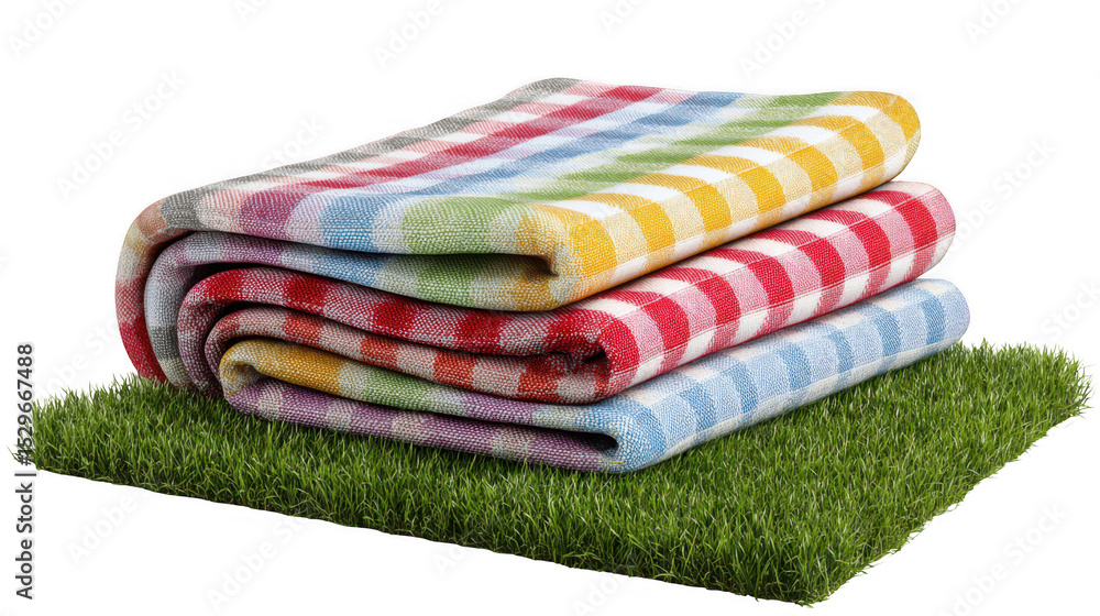 Poster stacked colorful picnic blankets with gingham pattern resting on a patch of vibrant green grass, iso