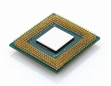 High Resolution Close Up of a Modern Computer Microprocessor Chip with Gold Pins