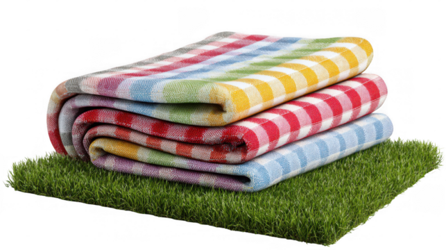 Stacked colorful picnic blankets with gingham pattern resting on a patch of vibrant green grass, isolated on a transparent background, perfect for picnic and outdoor leisure concepts