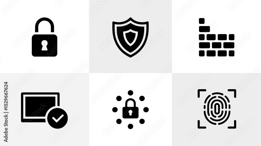Poster security icons set padlock shield firewall fingerprint protection authentication authorization 100 e
