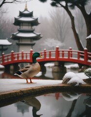 Male mallard duck stands gracefully by a serene pond, surrounded by snow and a traditional red bridge, creating a tranquil winter landscape scene