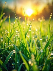 Fototapeta premium Lush Green Grass with Dewdrops in Morning Sunlight