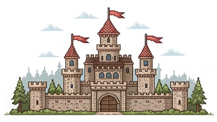 Fototapeta premium Fantasy Pixel Art Castle with Towers and Flags