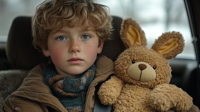 Boy in car seat with teddy bear - Powered by Adobe