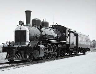 Naklejka premium Historic Black and White Steam Train Locomotive with Passenger Car on Railway Tracks